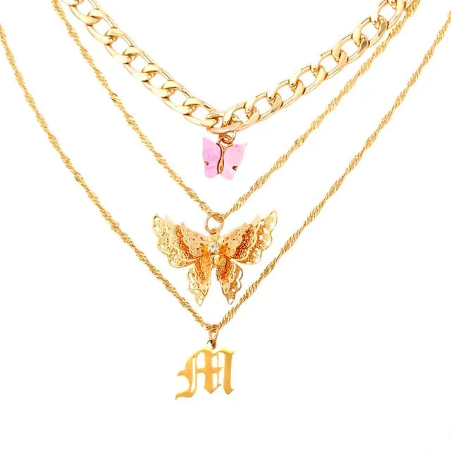 Bohemian Multilayer Necklace for Women Men | Multilayer Boho Jewelry | Kpop Double layer Chain Gold Butterfly Cross Crystal Chokers Necklace