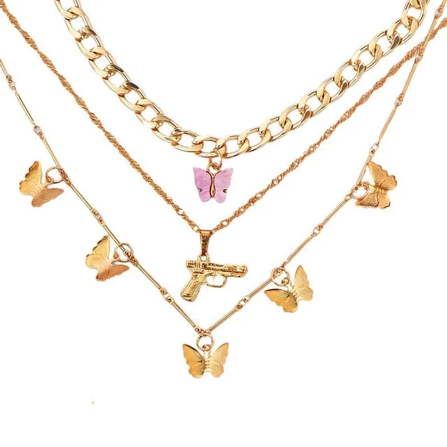 Bohemian Multilayer Necklace for Women Men | Multilayer Boho Jewelry | Kpop Double layer Chain Gold Butterfly Cross Crystal Chokers Necklace