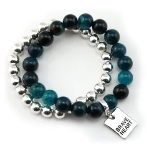 Bracelet Duo! 10mm Oceans Teal Tourmaline & 8mm Silver bead bracelet stacker set - BRAVE HEART (10831)