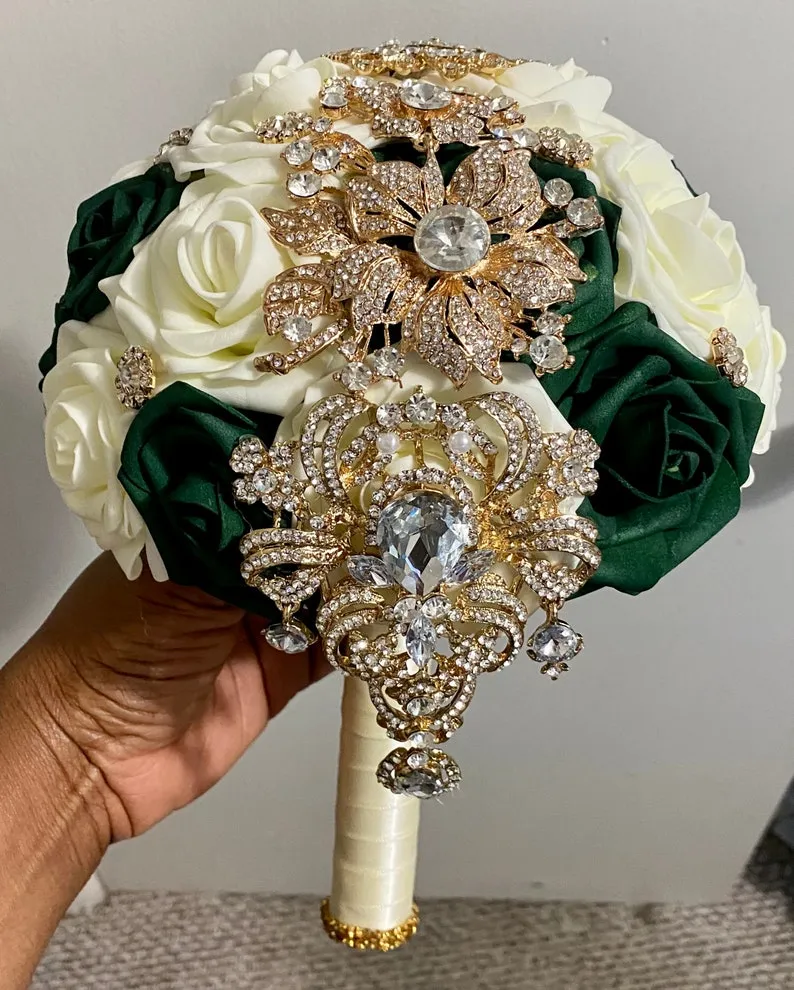 CB-007 ~ Made to Order Emerald Green & Ivory Real Touch Roses Brooch Bouquet or DIY KIT