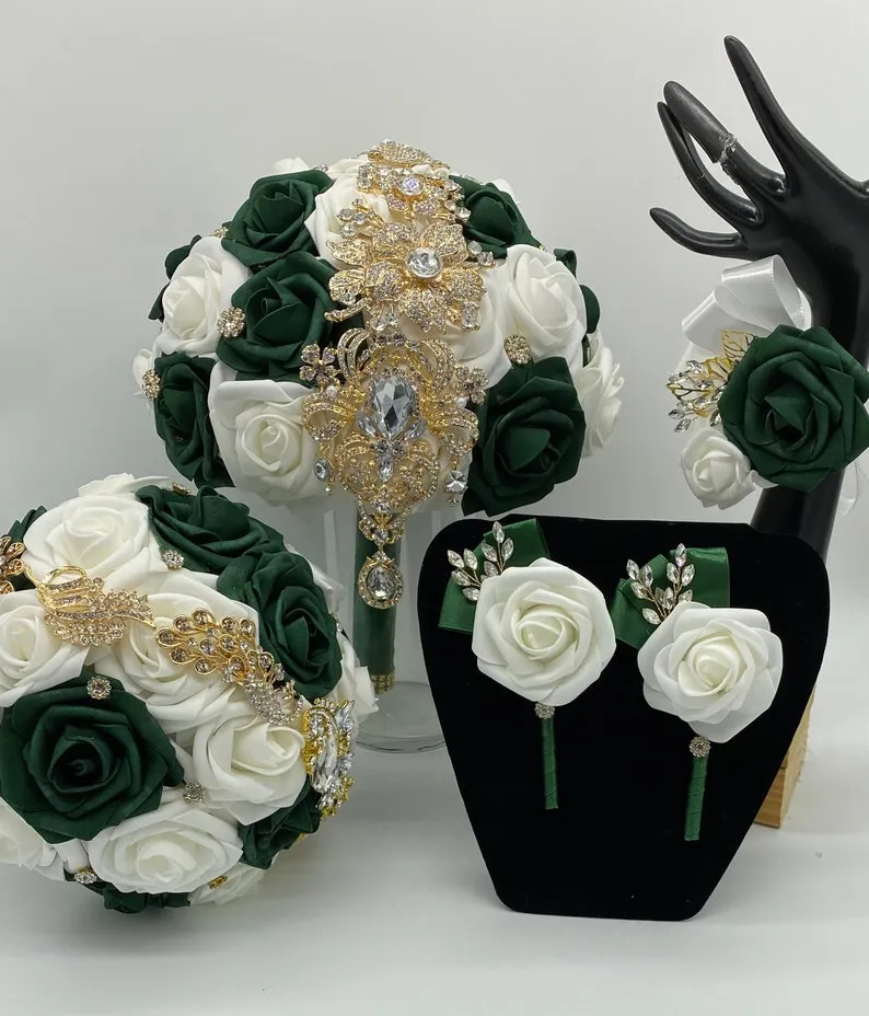 CB-007 ~ Made to Order Emerald Green & Ivory Real Touch Roses Brooch Bouquet or DIY KIT