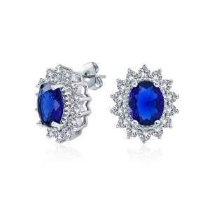 Classic Vintage Crown 1.5 CT CZ Stud Earrings Simulated Sapphire Silver Brass