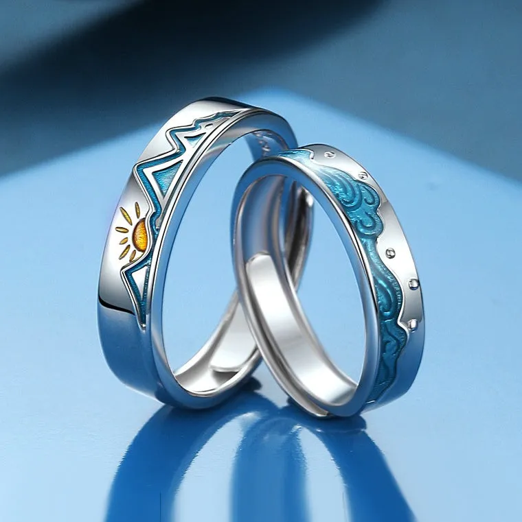 Custom Relationship Ocean Mountain Couple Rings Set