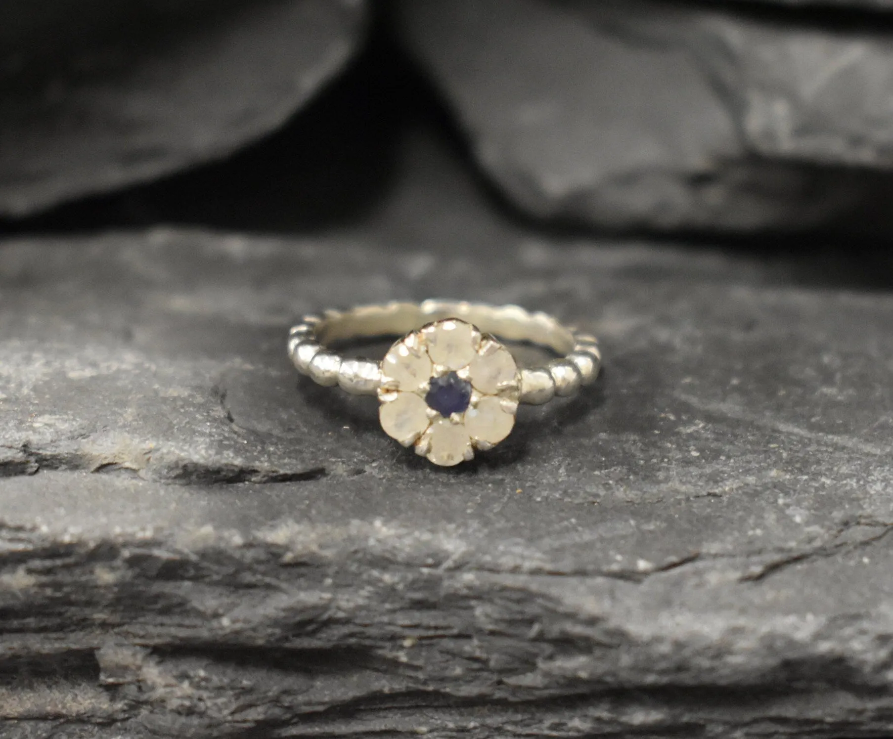 Daisy Moonstone Ring - Flower Bubble Band - Rainbow Moonstone Ring