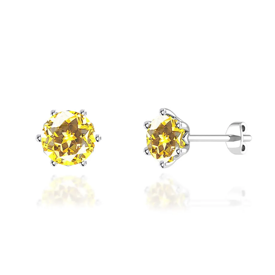 ELOISE - Round Yellow Sapphire Platinum Lotus Leaf Stud Earrings