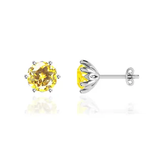 ELOISE - Round Yellow Sapphire Platinum Lotus Leaf Stud Earrings