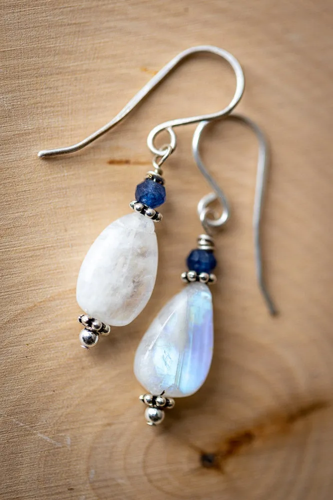 Em'z Blendz Rainbow Moonstone & Blue Sapphire Earrings | Handcrafted Sterling Silver