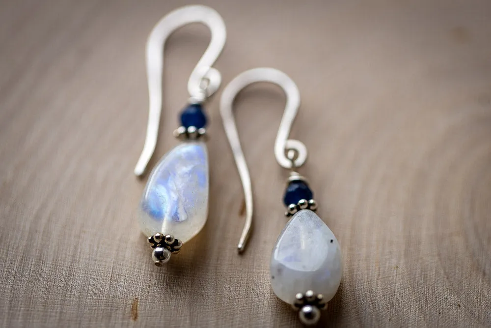 Em'z Blendz Rainbow Moonstone & Blue Sapphire Earrings | Handcrafted Sterling Silver