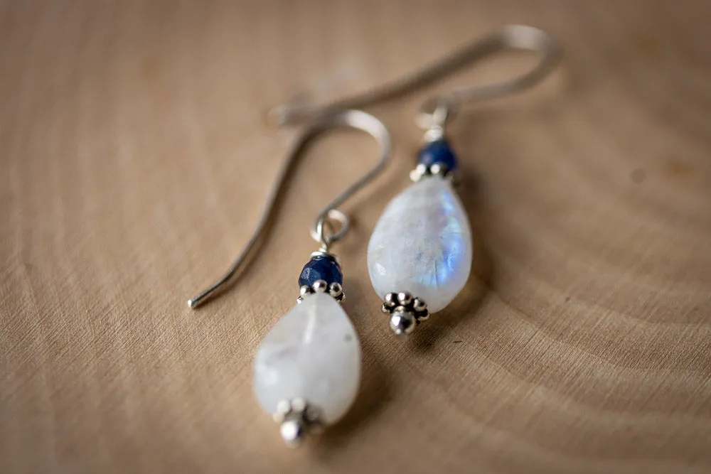 Em'z Blendz Rainbow Moonstone & Blue Sapphire Earrings | Handcrafted Sterling Silver