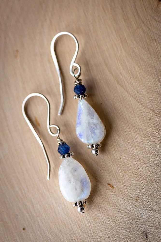 Em'z Blendz Rainbow Moonstone & Blue Sapphire Earrings | Handcrafted Sterling Silver