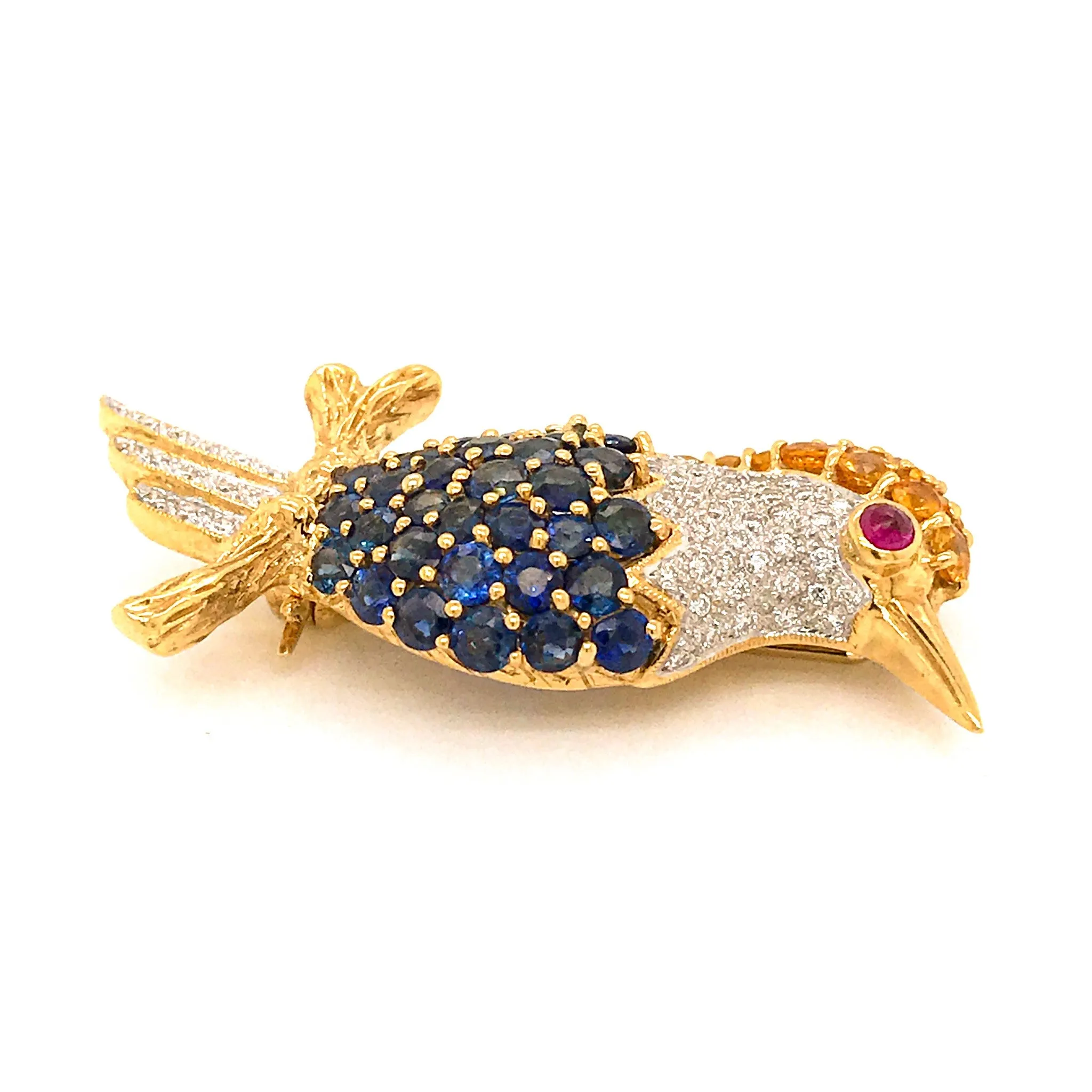 Estate 18K Yellow Gold Sapphire and Diamond Woodpecker Pin