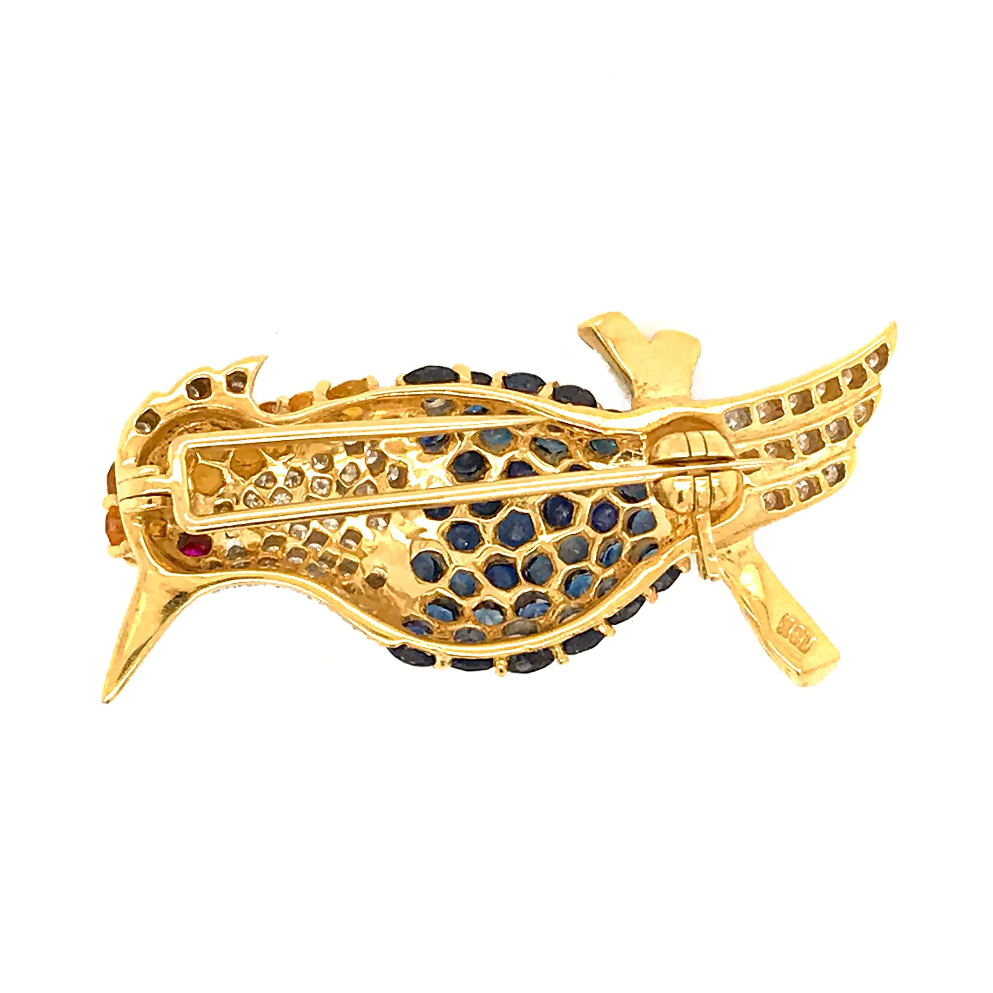 Estate 18K Yellow Gold Sapphire and Diamond Woodpecker Pin