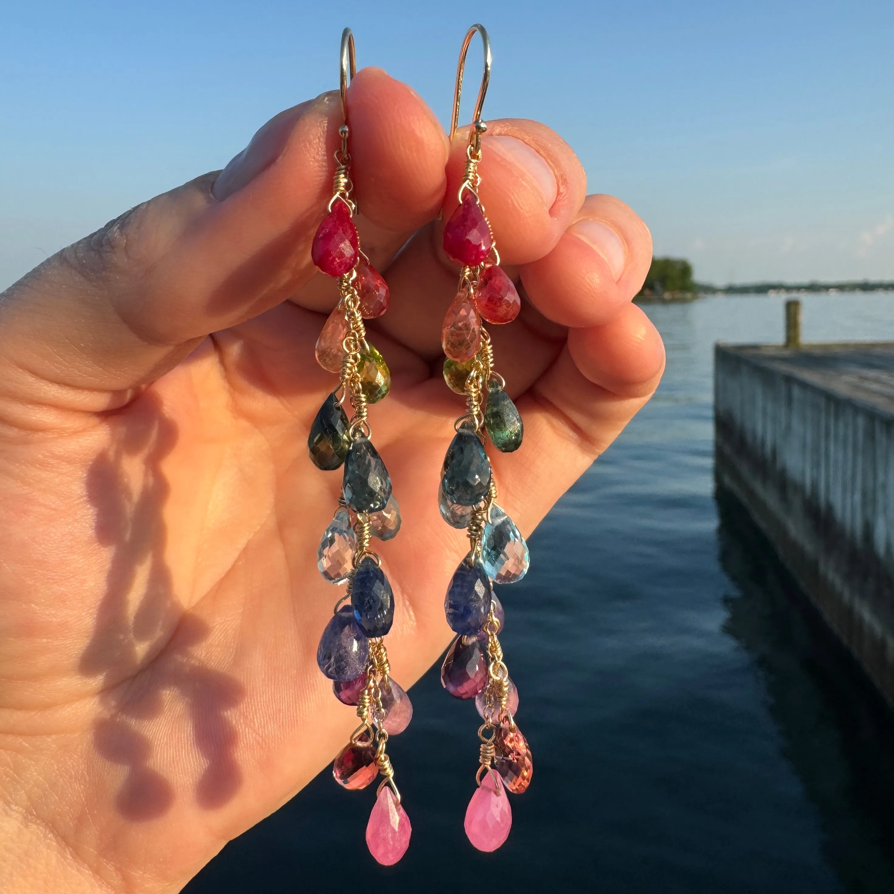 Extra Long Rainbow Gemstone Cascade Earrings