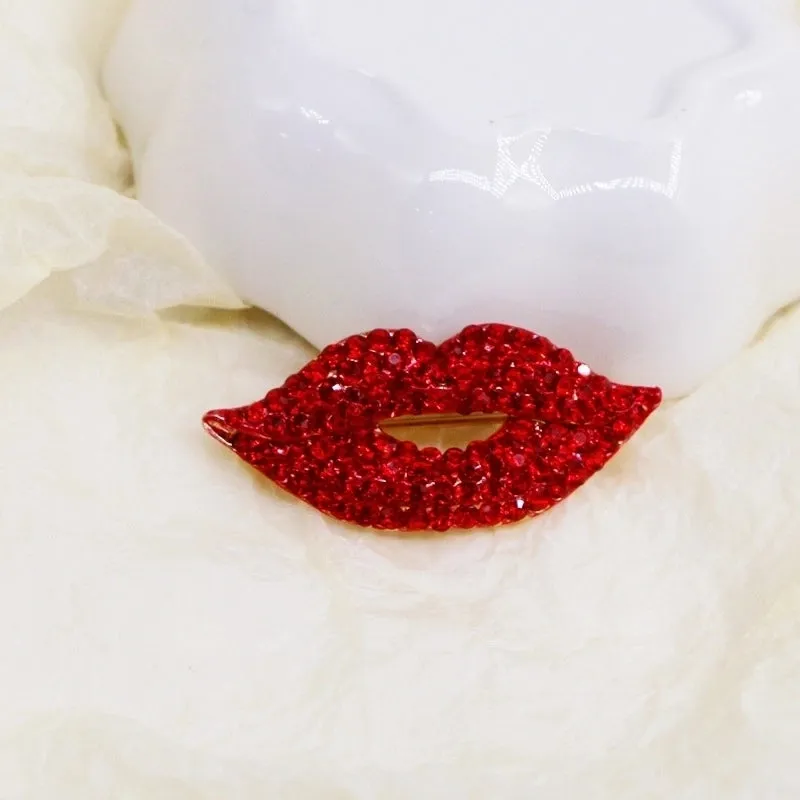 Fashion Pin Lips Alloy Enamel Gold Plated Rhinestones Unisex Brooches