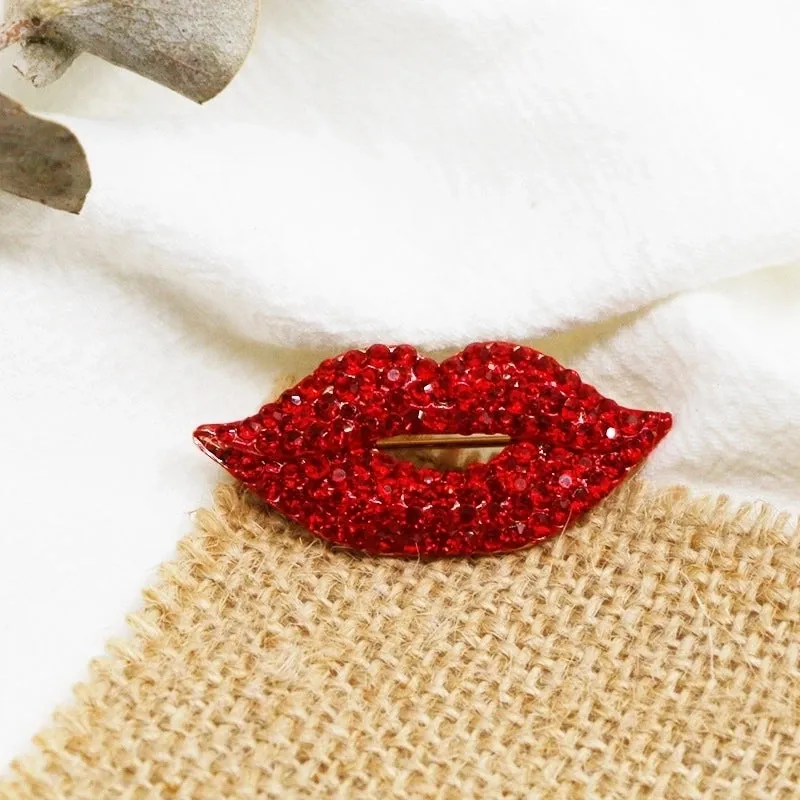 Fashion Pin Lips Alloy Enamel Gold Plated Rhinestones Unisex Brooches