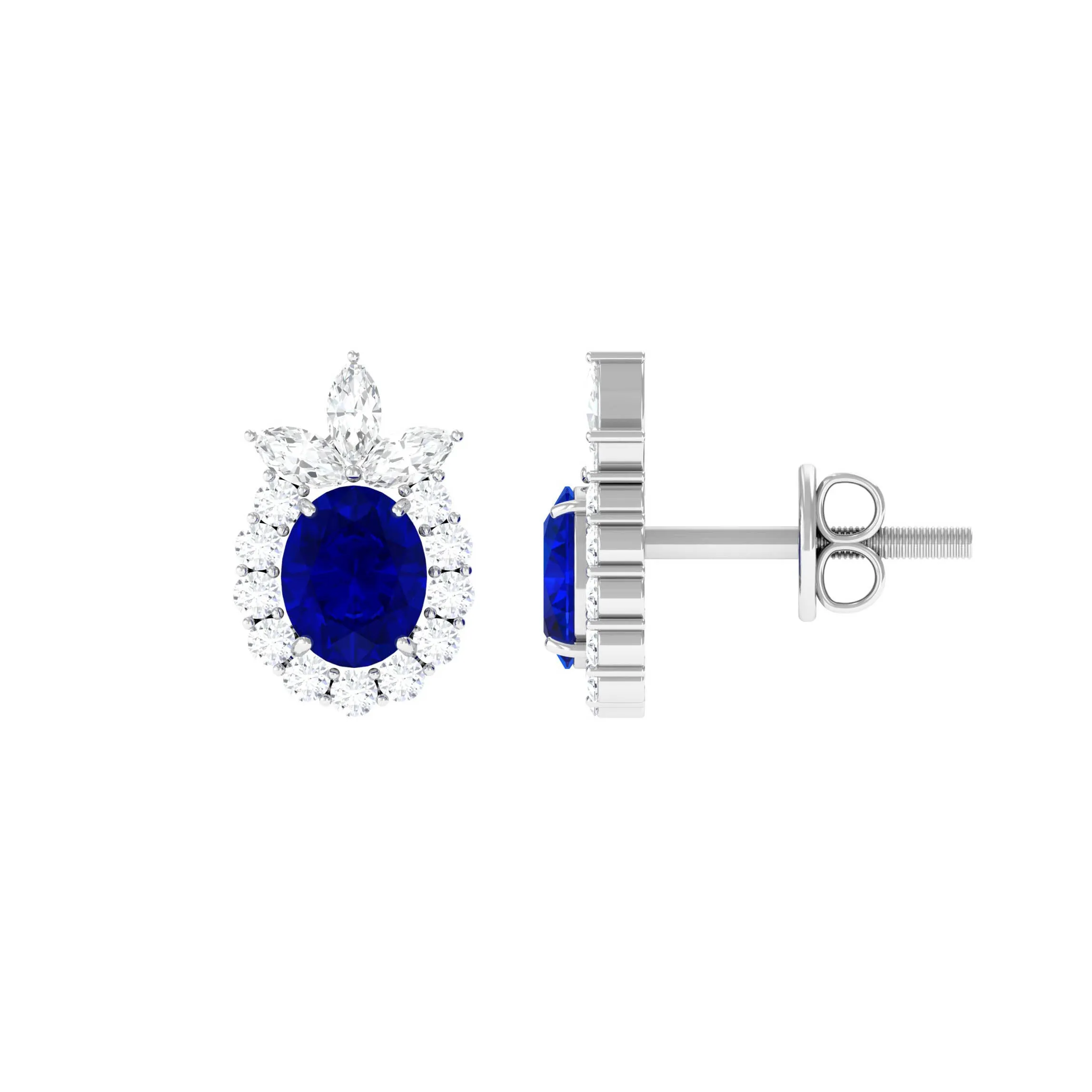 Floral Inspired Oval Created Blue Sapphire and Diamond Stud Earrings