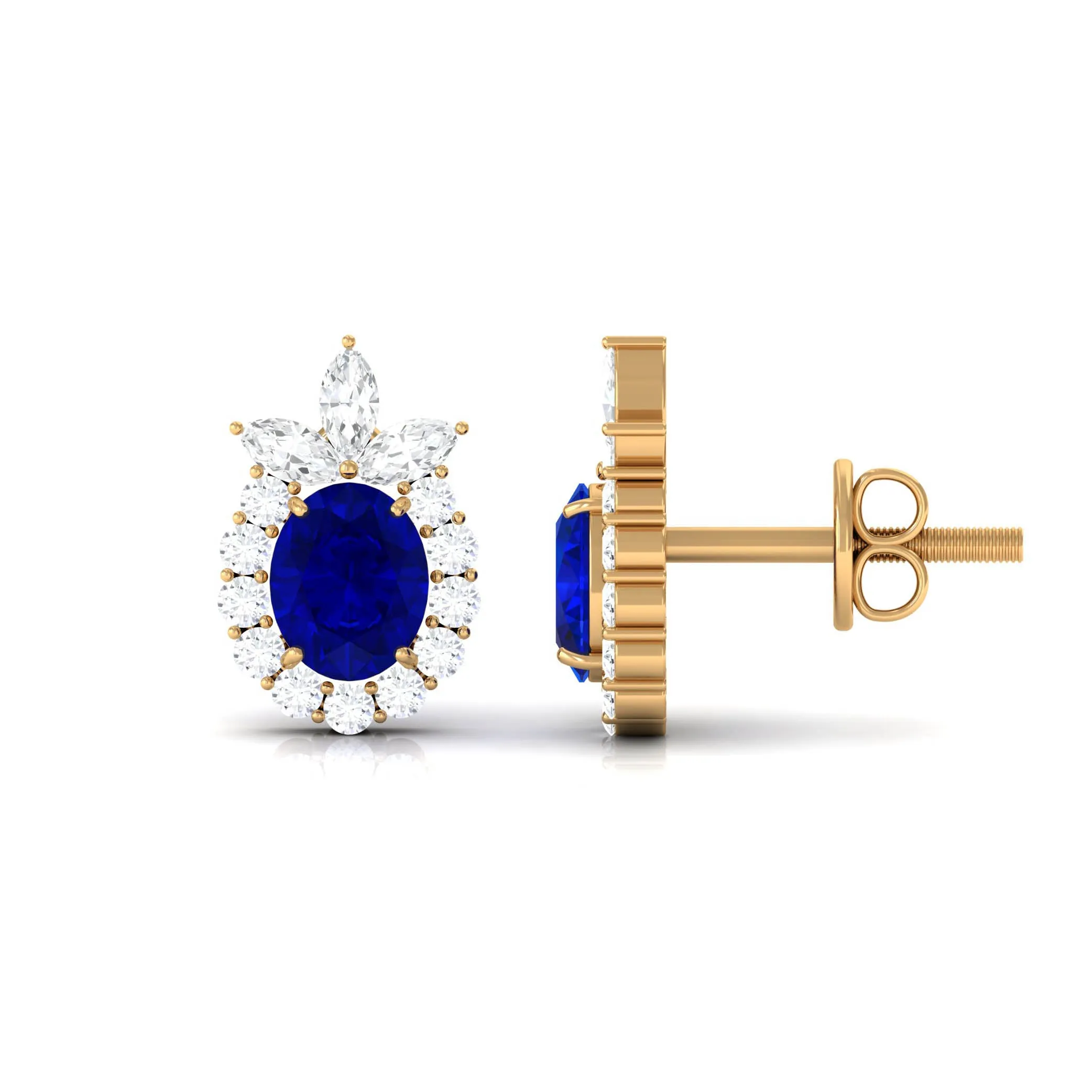 Floral Inspired Oval Created Blue Sapphire and Diamond Stud Earrings