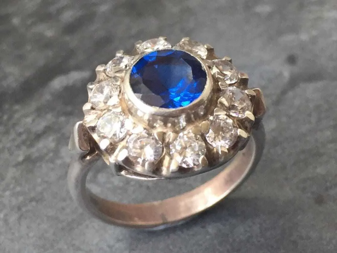 Flower Sapphire Ring - Blue Victorian Ring - Vintage Statement Ring