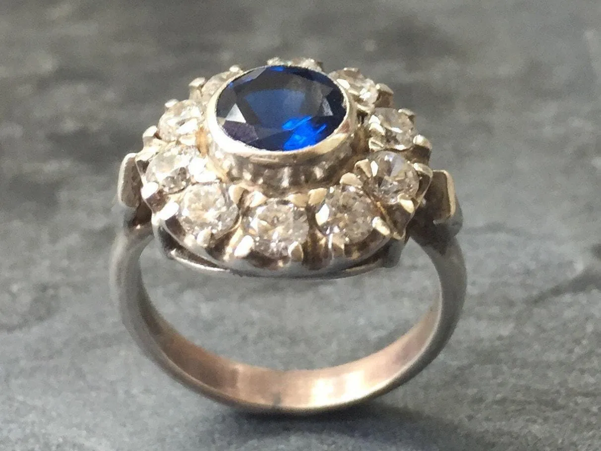 Flower Sapphire Ring - Blue Victorian Ring - Vintage Statement Ring