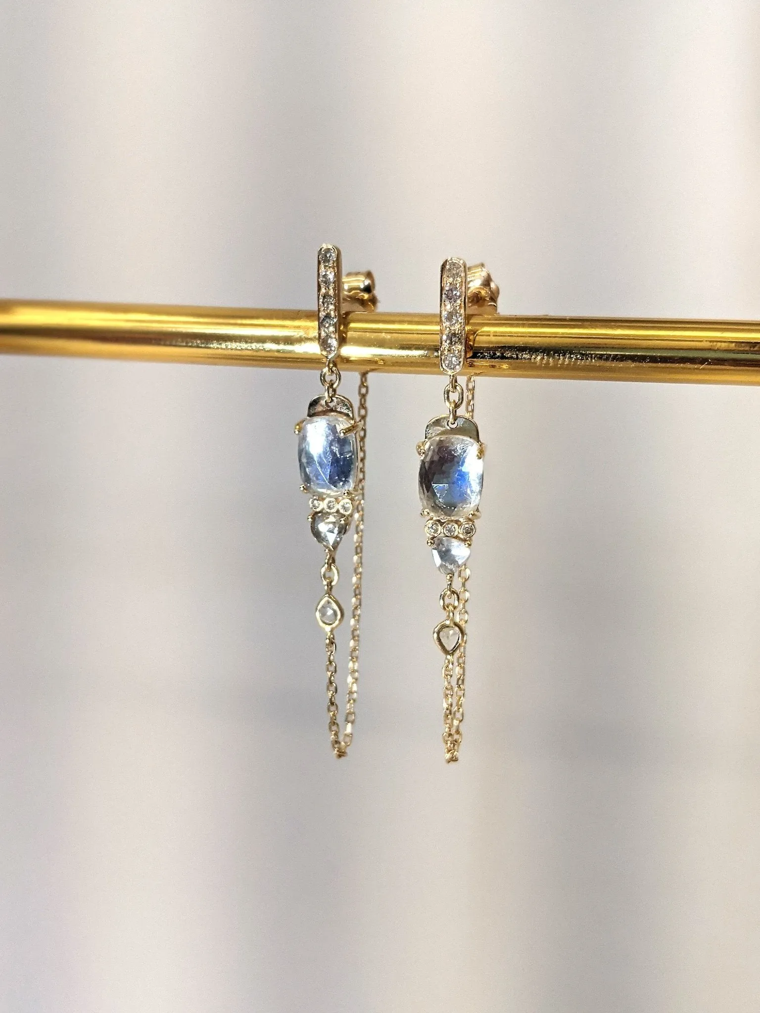 Front-to-Back Chain Earrings with Rosecut Moonstone Tablets