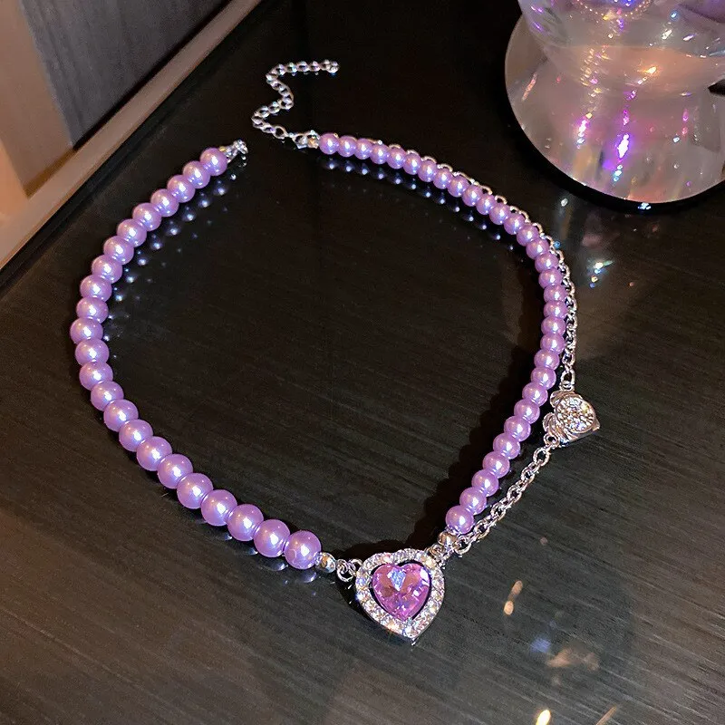 FYUAN Korean Style Heart Crystal Choker Necklaces for Women Purple Pearl Necklaces Party Jewelry Gifts