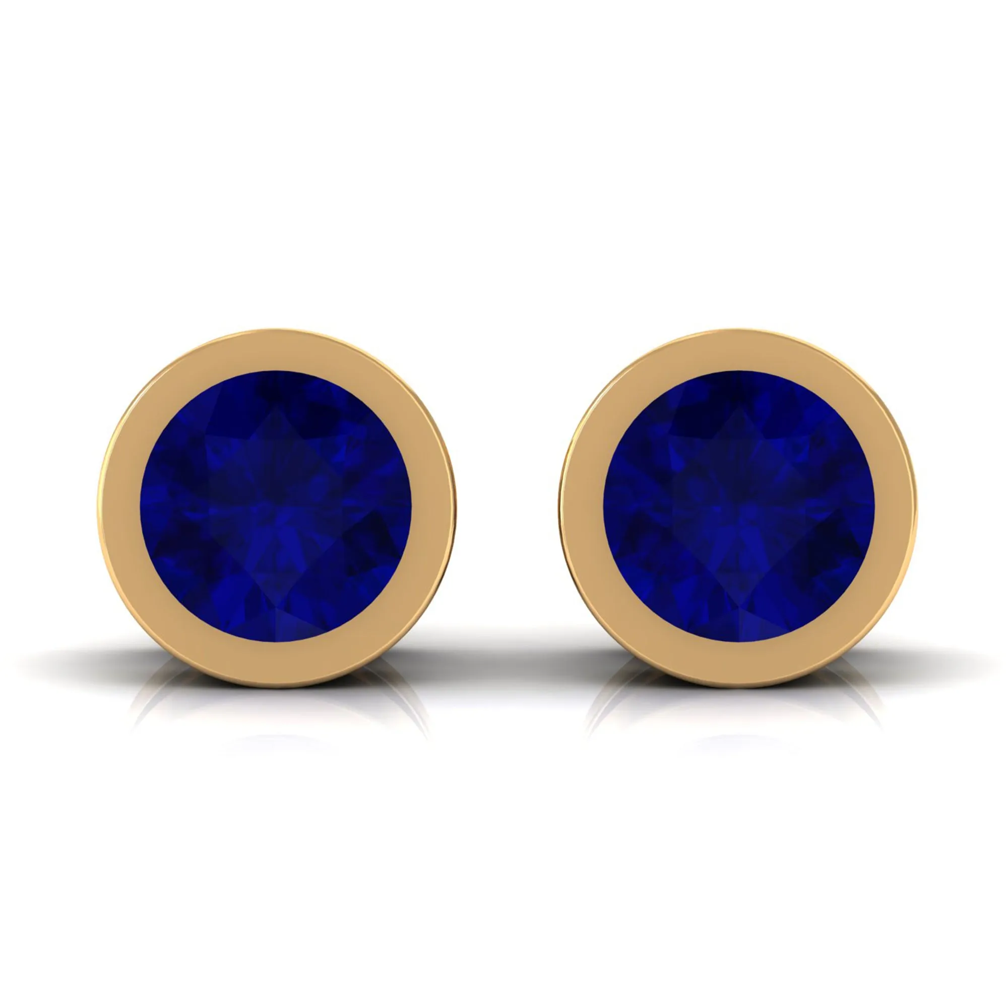 Genuine Blue Sapphire Round Solitaire Stud Earrings in Bezel Setting