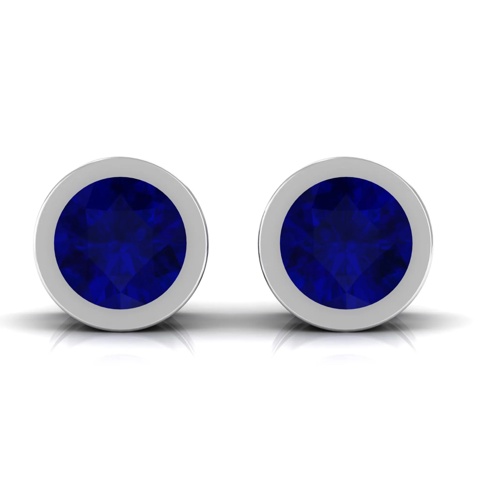 Genuine Blue Sapphire Round Solitaire Stud Earrings in Bezel Setting