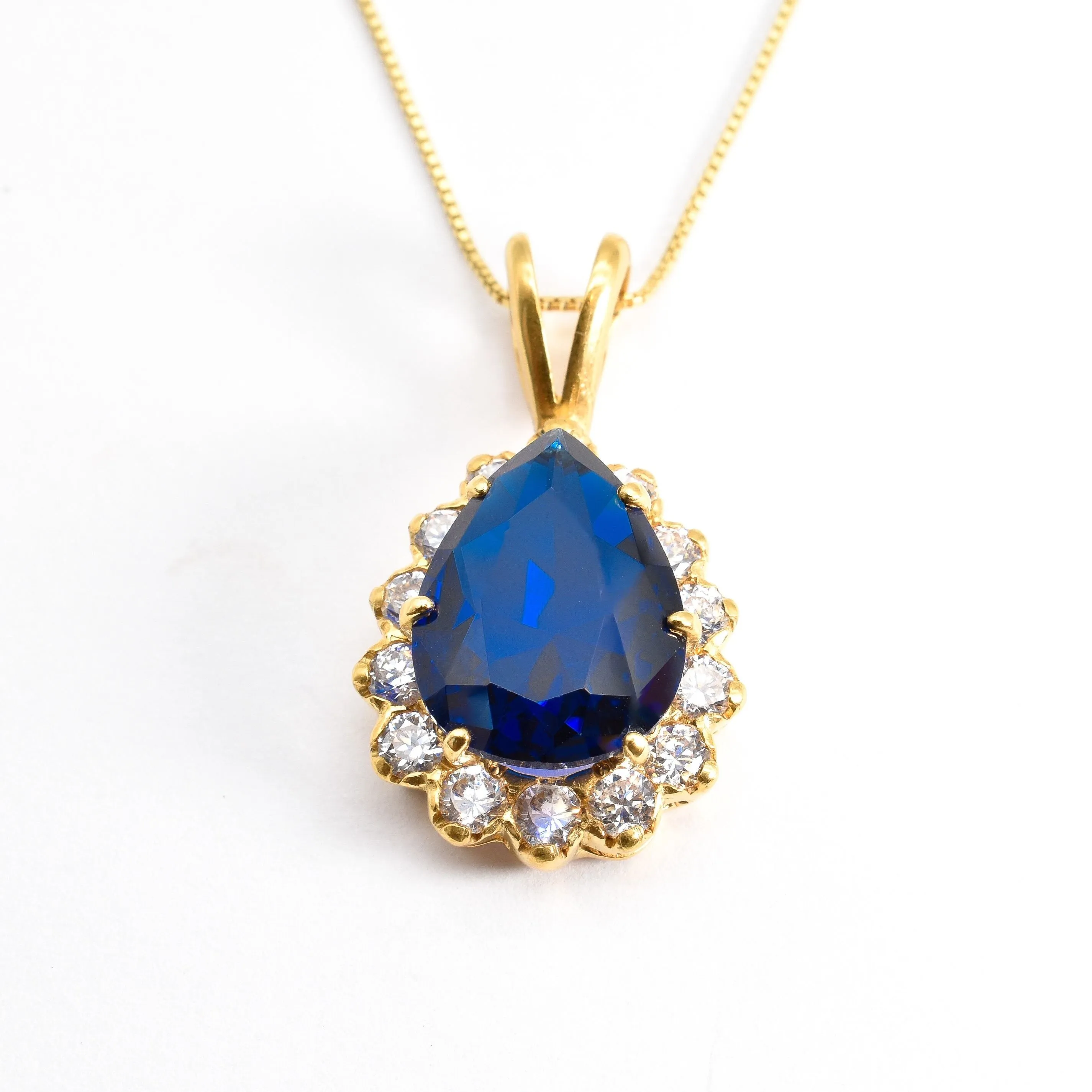 Gold Sapphire Pendant - Princess Di Teardrop Necklace - CZ Diamond Necklace