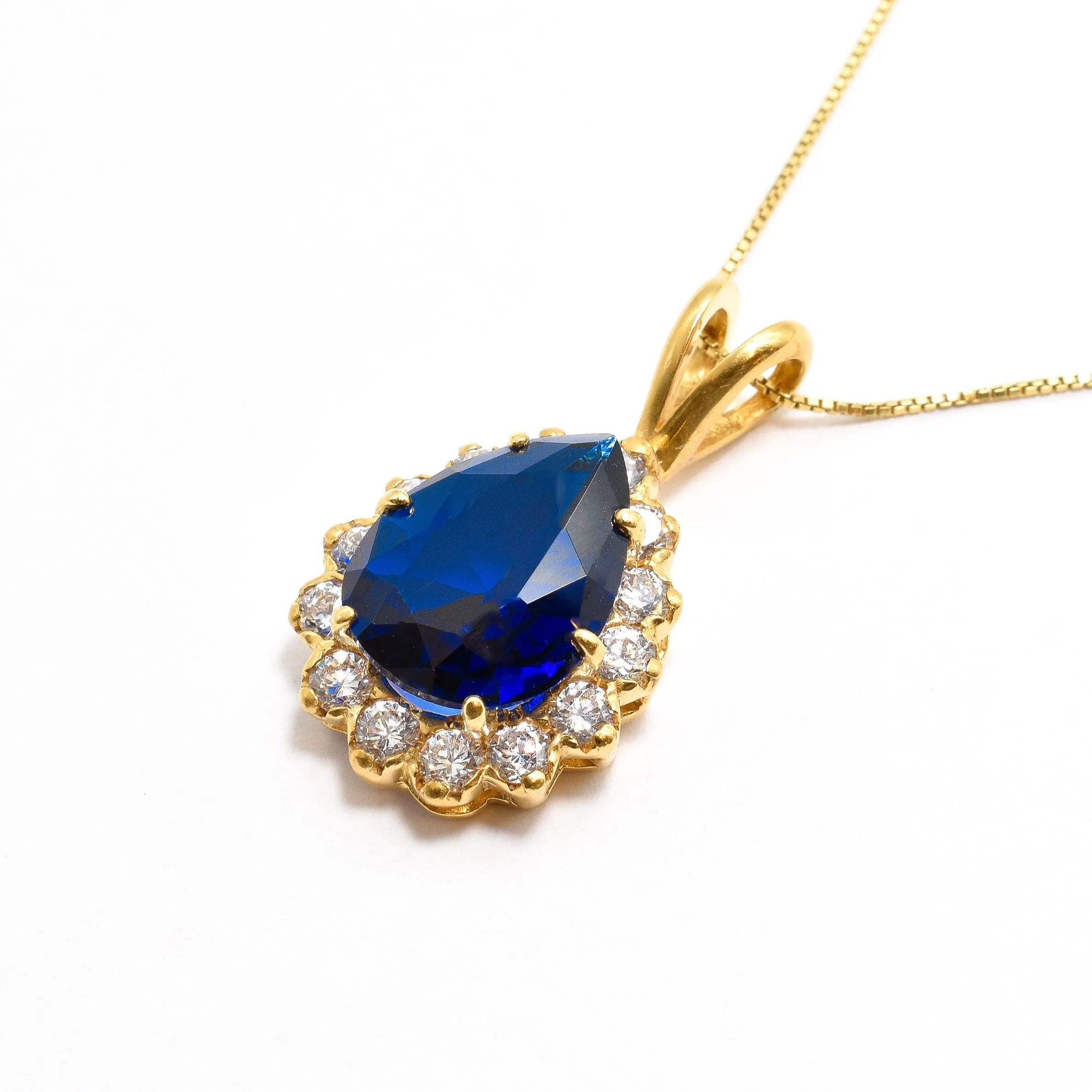 Gold Sapphire Pendant - Princess Di Teardrop Necklace - CZ Diamond Necklace