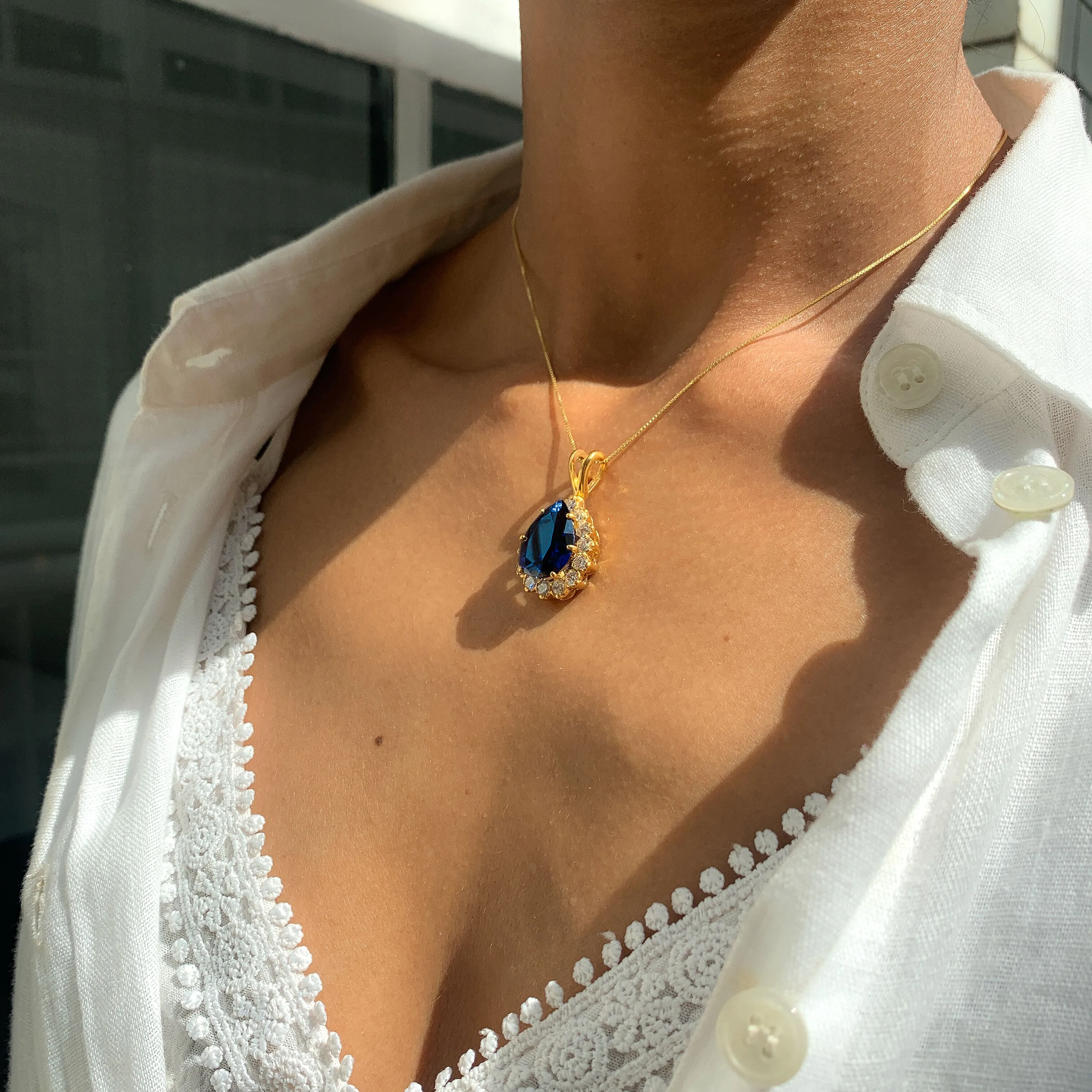 Gold Sapphire Pendant - Princess Di Teardrop Necklace - CZ Diamond Necklace