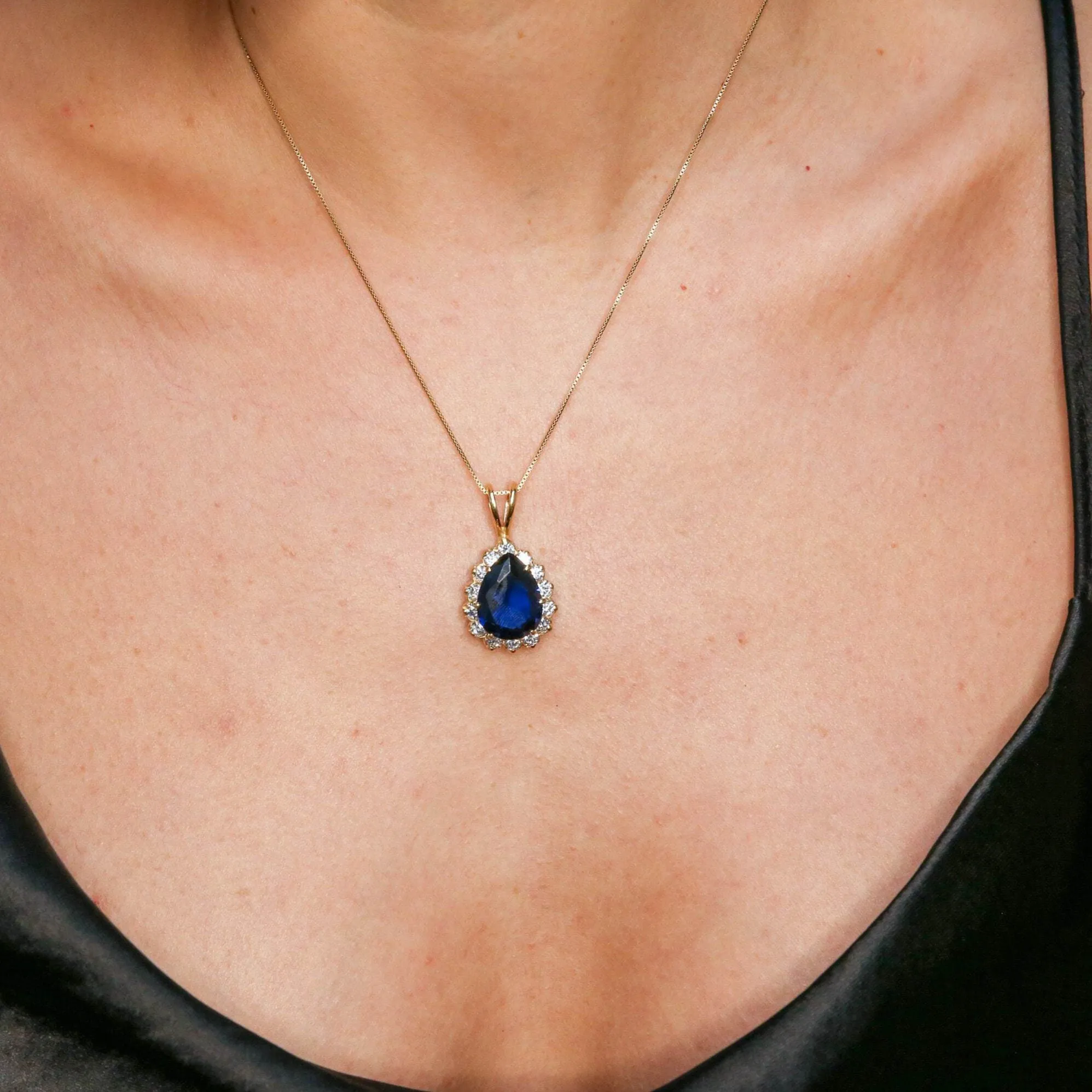 Gold Sapphire Pendant - Princess Di Teardrop Necklace - CZ Diamond Necklace