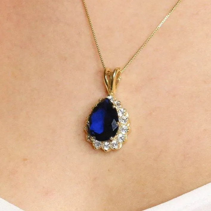 Gold Sapphire Pendant - Princess Di Teardrop Necklace - CZ Diamond Necklace