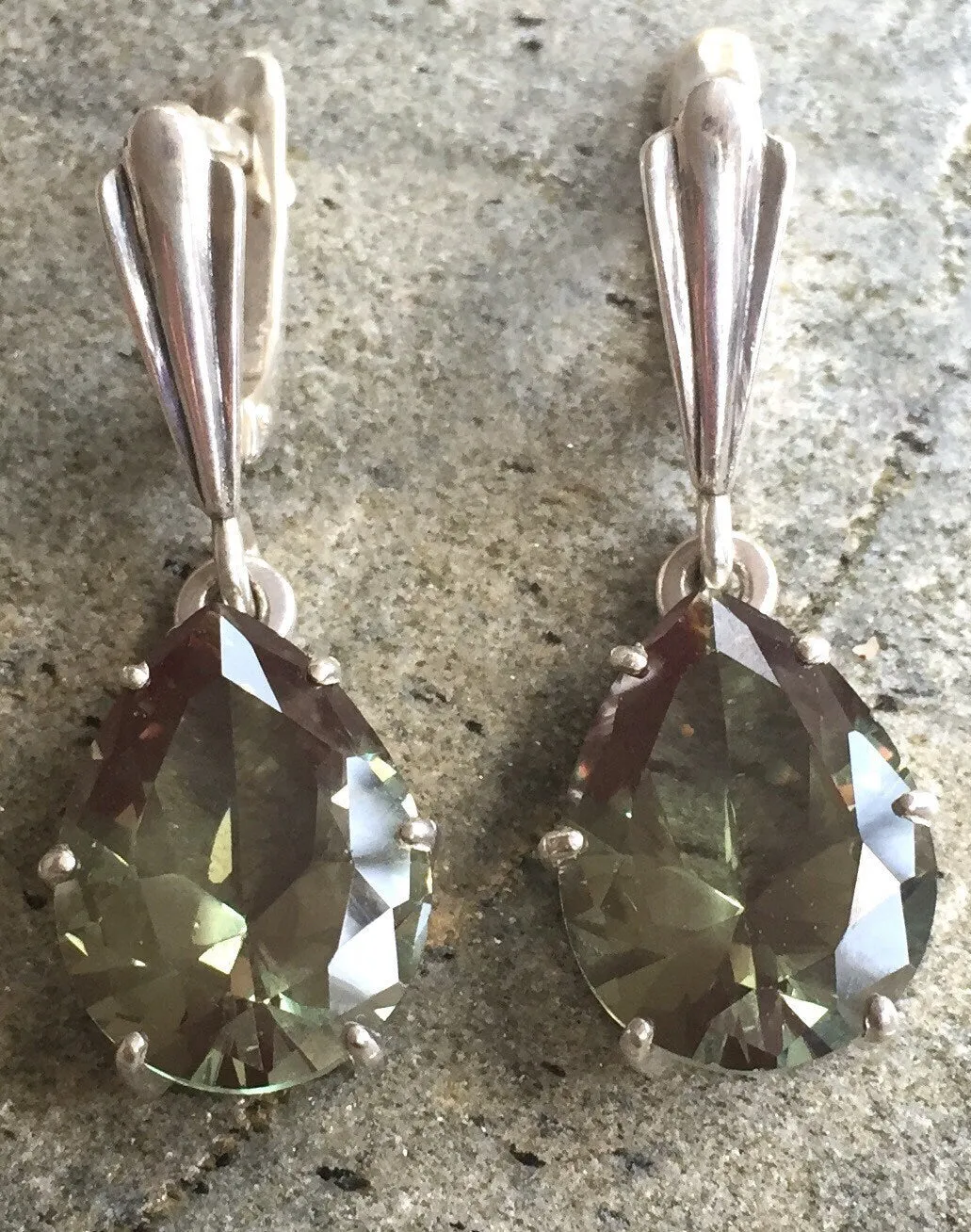 Green Diamond Earrings - Teardrop Dangling Earrings - Heavy Green Earrings