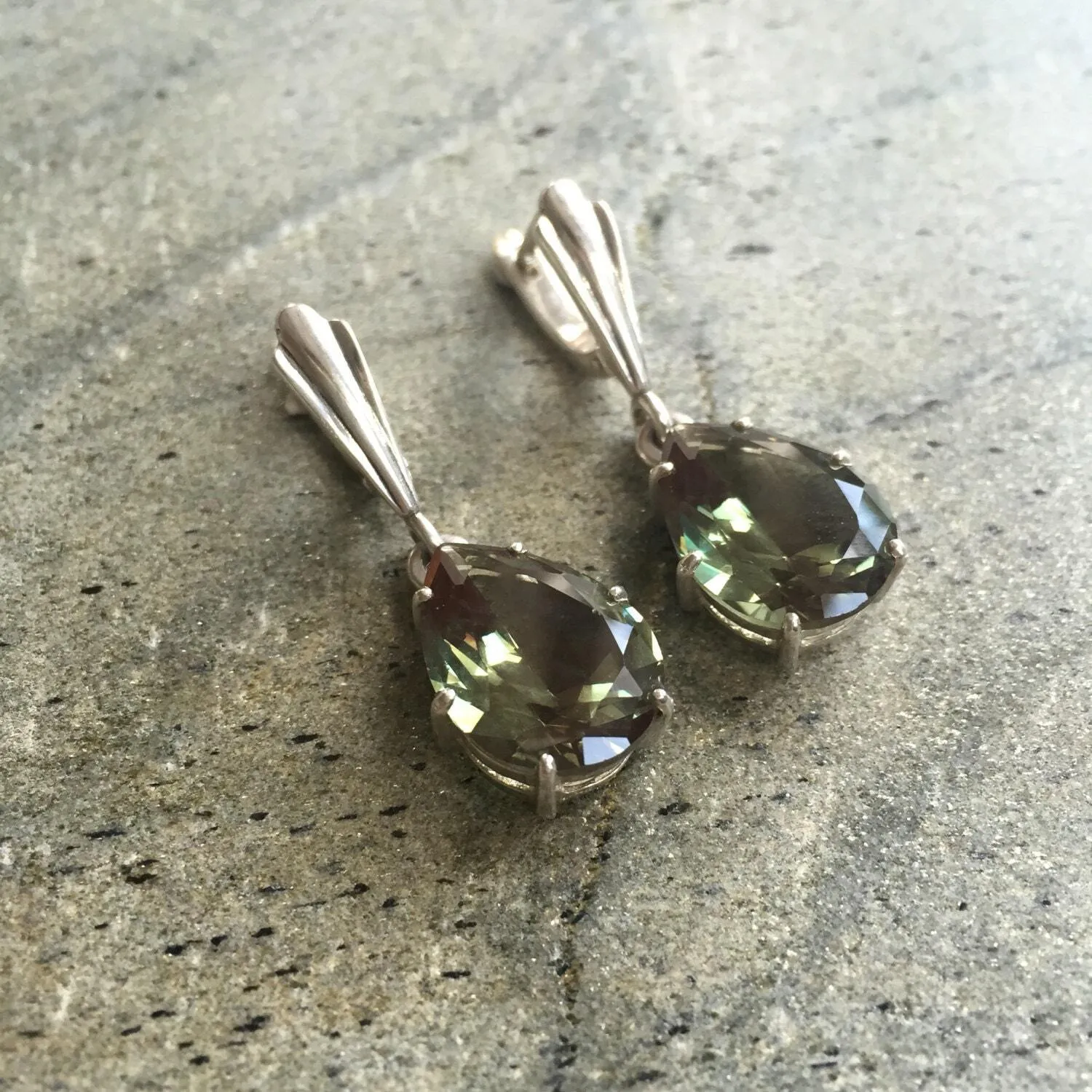 Green Diamond Earrings - Teardrop Dangling Earrings - Heavy Green Earrings