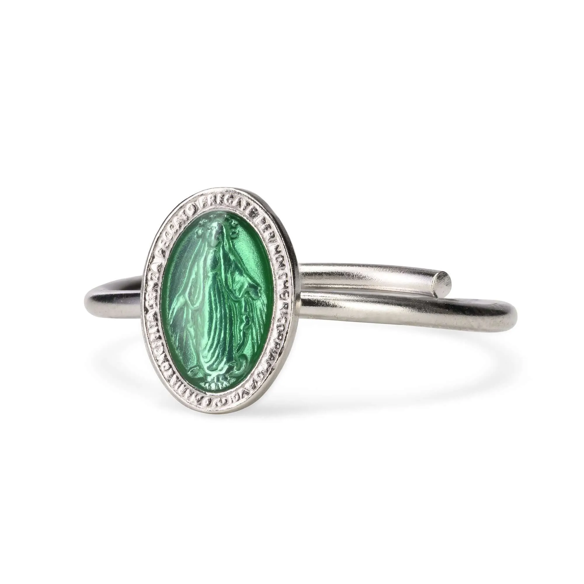 GREEN MIRACULOUS MEDAL RING - SILVER