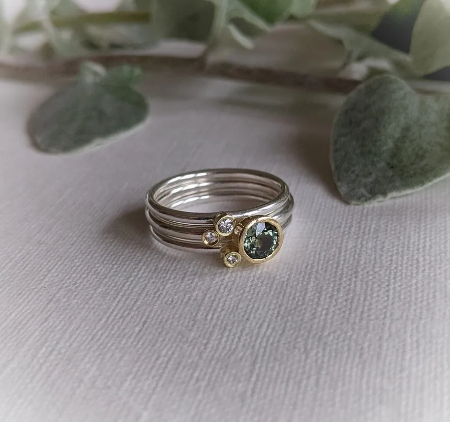 Green Sapphire & Diamond Stacking Rings