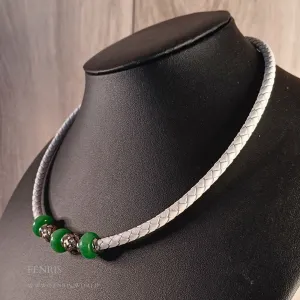 Jade Choker Necklace Silver Green White Leather