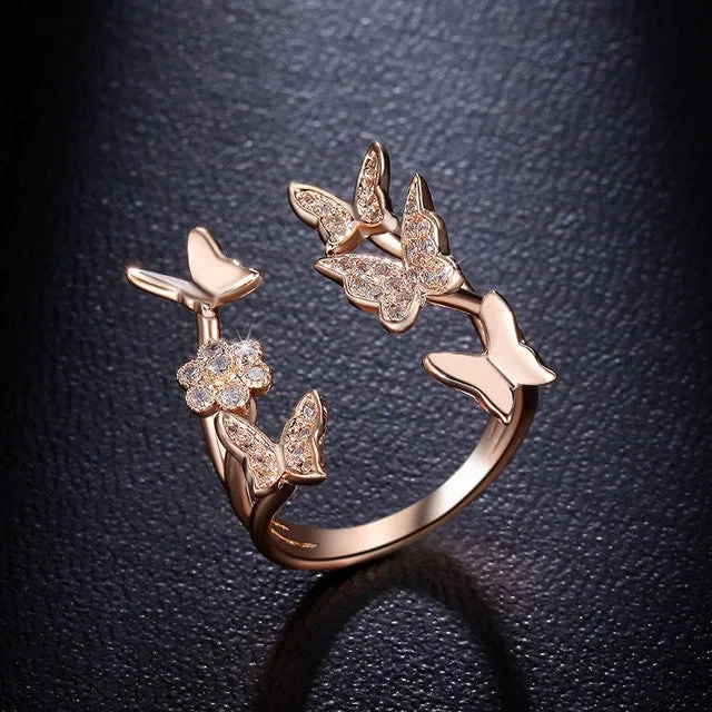 Lovely Ladies Butterfly Ring Rose Gold Plated Open Rings For Women With Top Quality Cubic Zirconia Stone Jewelry Gifts