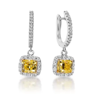 Madeleine 1 Carat Cushion Cut Diamond Leverback Earrings with yellow diamonds in 14k White Gold