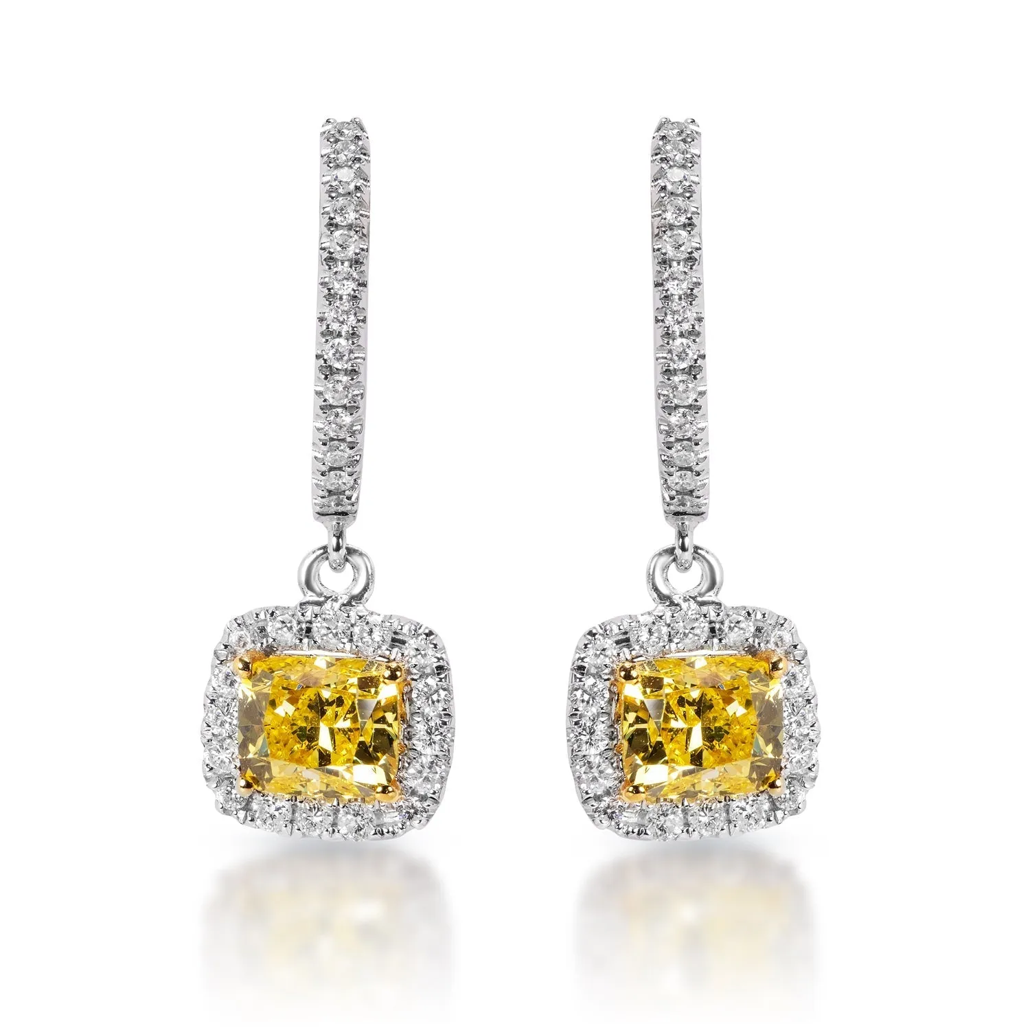 Madeleine 1 Carat Cushion Cut Diamond Leverback Earrings with yellow diamonds in 14k White Gold