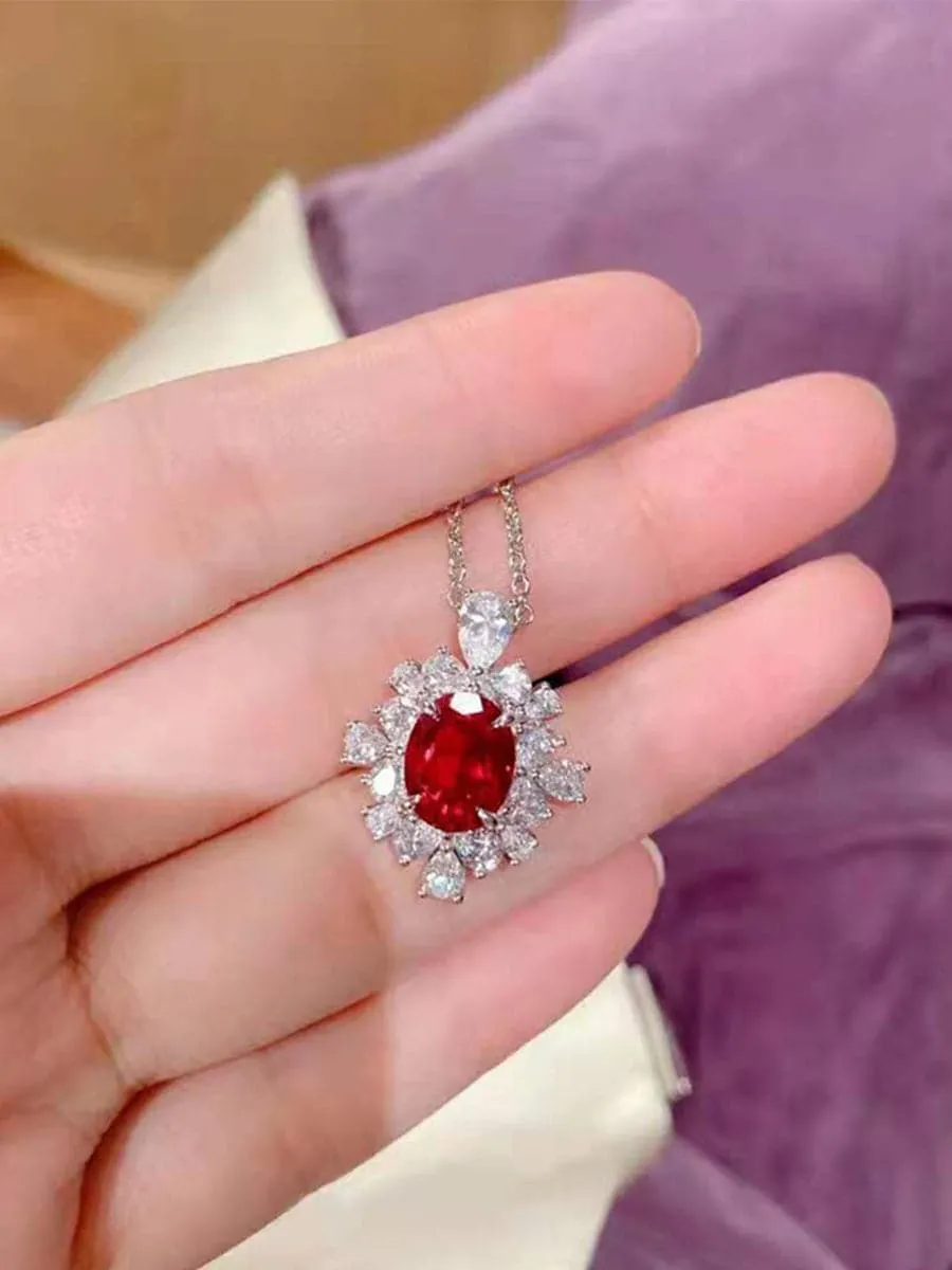 Missord Halo Pear Cut Ruby S925 Silver Pendant Necklace MRL1014