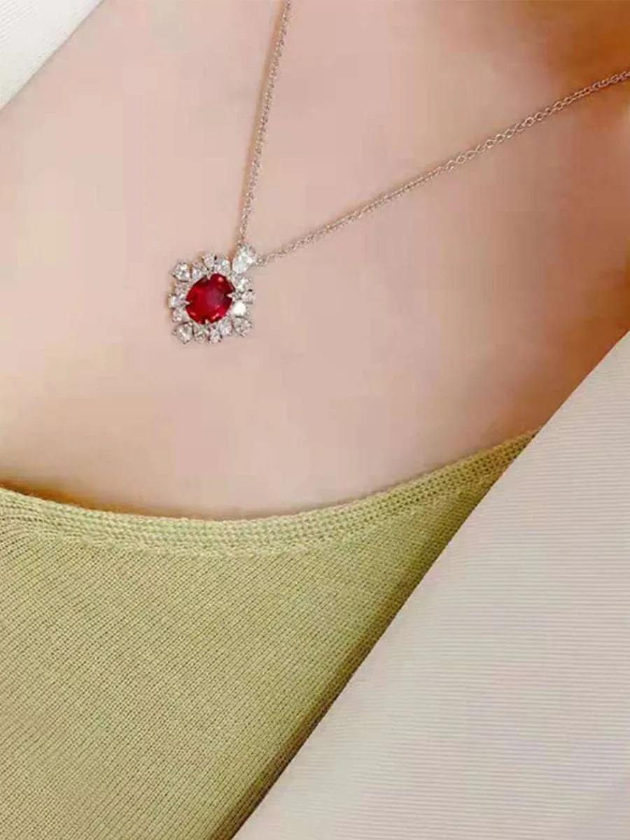 Missord Halo Pear Cut Ruby S925 Silver Pendant Necklace MRL1014