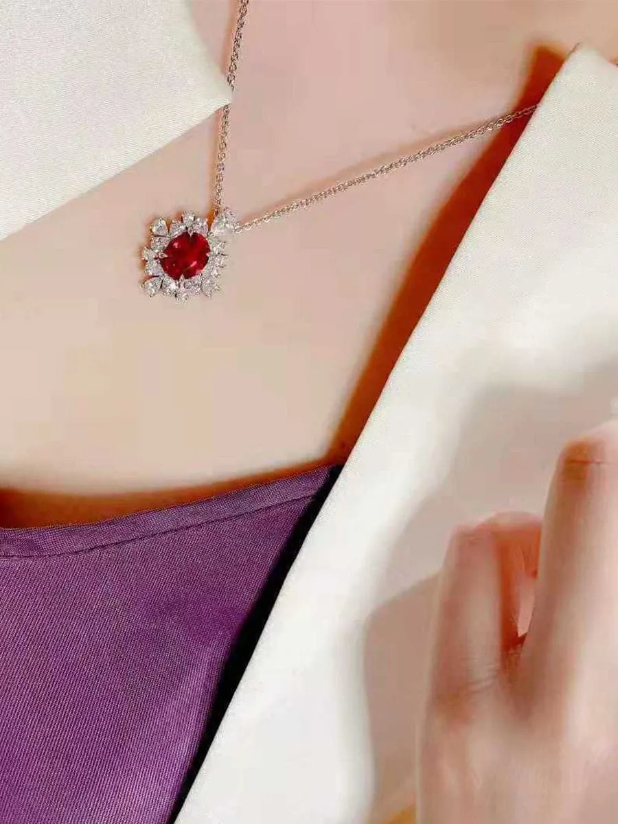 Missord Halo Pear Cut Ruby S925 Silver Pendant Necklace MRL1014