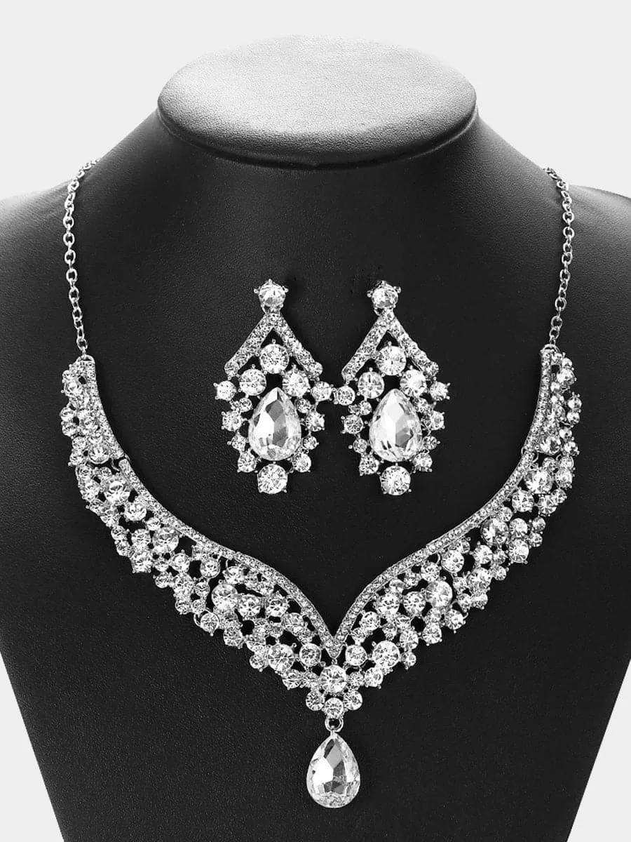 Missord Inlay Pear Cut Stone Cutout Necklace Earring Set MRL1725