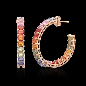 Multi-Color Sapphire & 14k Rose Gold Hoop Earrings