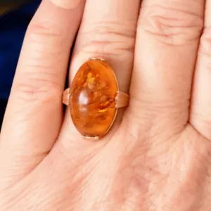 Natural Oval Cut Amber Solitaire Vintage Ring - 14k Rose Gold Vermeil Rings