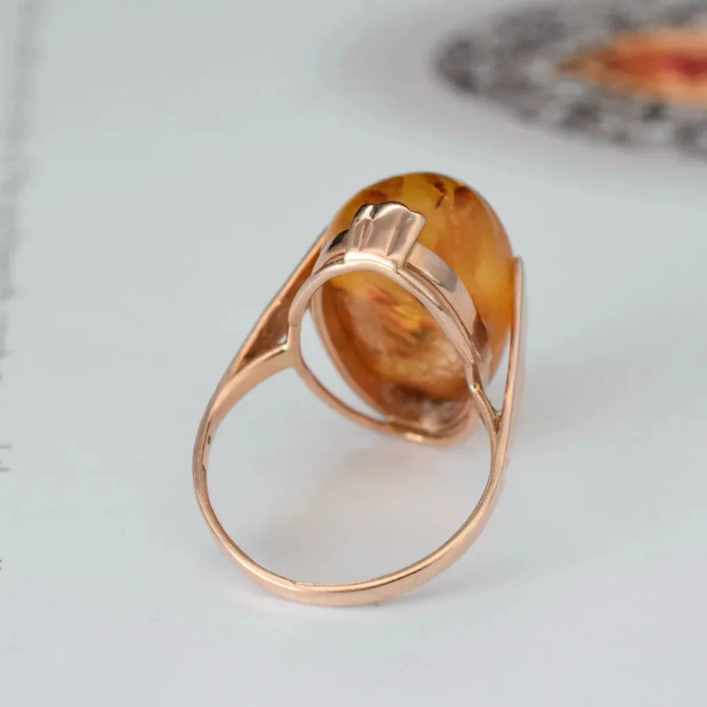 Natural Oval Cut Amber Solitaire Vintage Ring - 14k Rose Gold Vermeil Rings