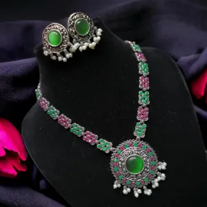 Niharika Silver Oxidized Necklace Set, Green / Pink