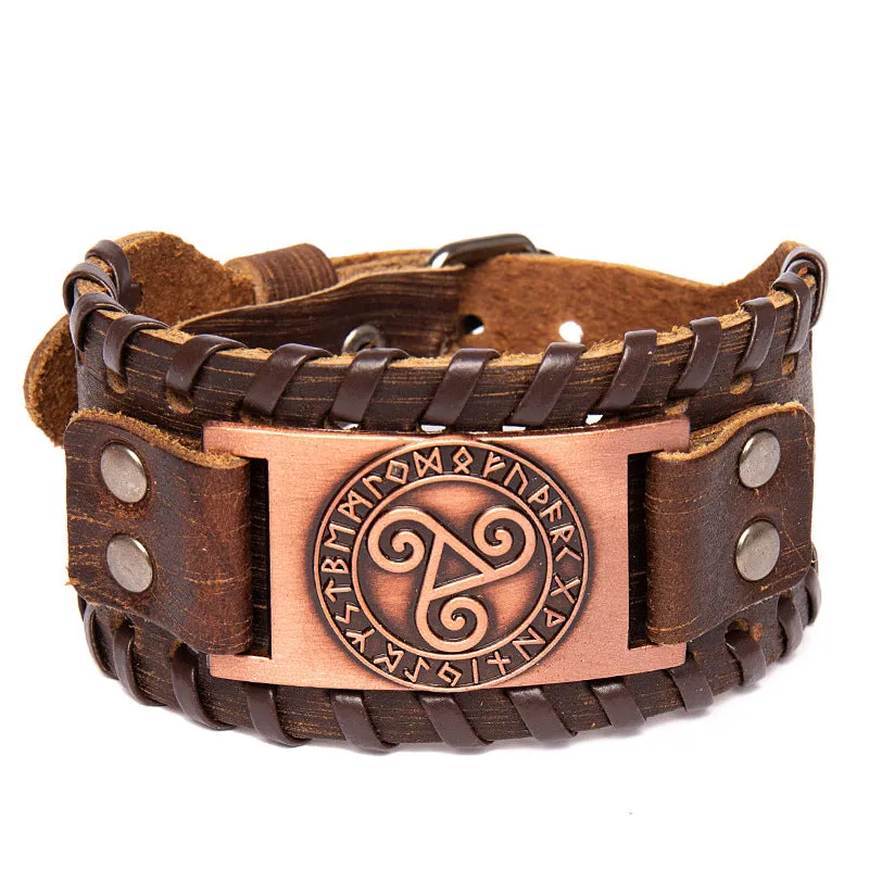 Nordic Talisman Wide Leather Bracelet Viking Solomon Totem Alloy Top Layer Leather Bracelet