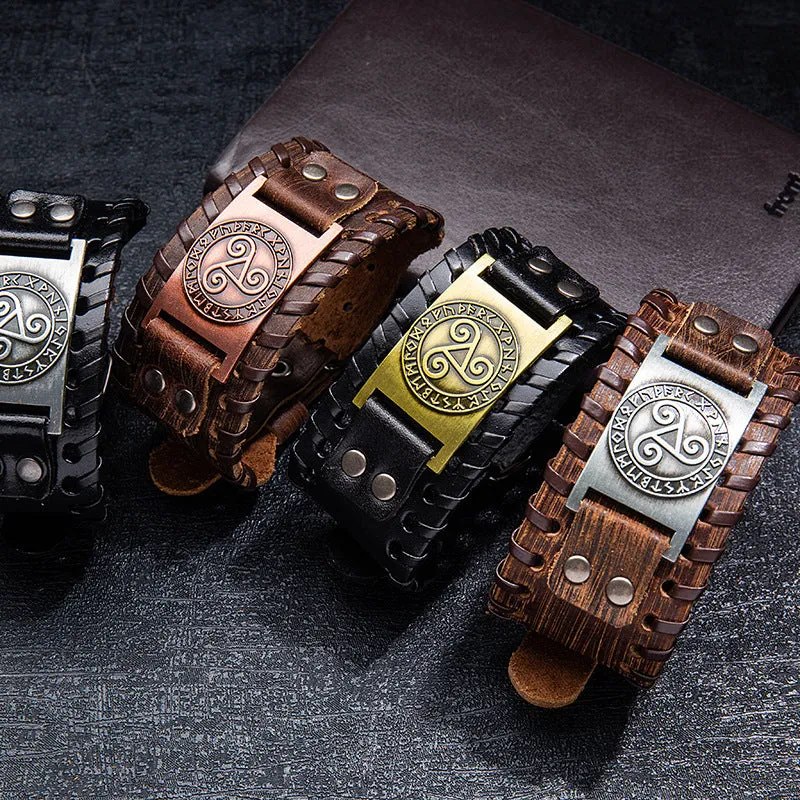 Nordic Talisman Wide Leather Bracelet Viking Solomon Totem Alloy Top Layer Leather Bracelet